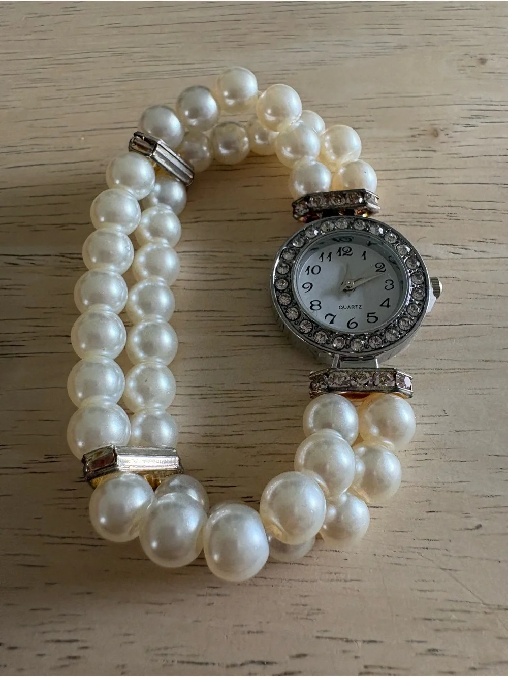 Pearl Bead Crystal Accent Bracelet Watch - White